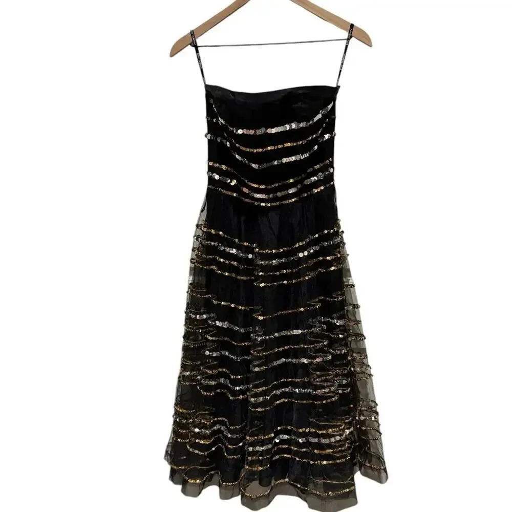 Betsey Johnson Vintage Strapless Sequin Tulle Event Metallic‎ & Black Dress  4